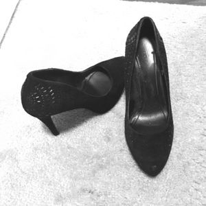 BCBG 4 inch suede black heels with embellishment